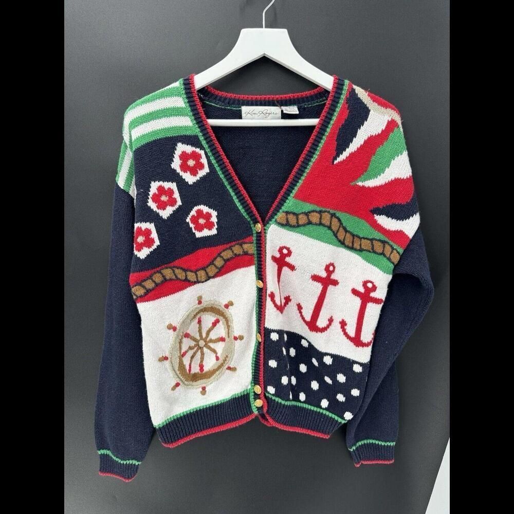 Kin Rogers Vintage Sailing Sail Boat Knit Cardigan Sweater Womens S RAMIE cotton